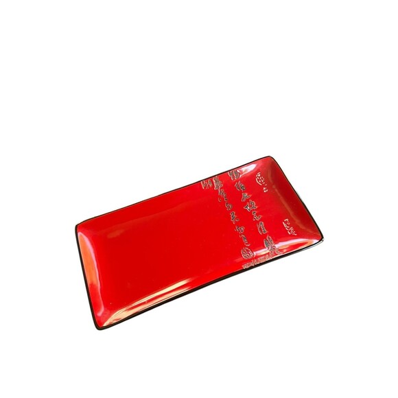 Red Ceramic Rectangular Tray Chinese Calligraphy Dish - Picture 1 of 10